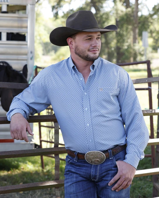 Mens Long Sleeve Light Blue Print ArenaFlex Shirt by Cinch