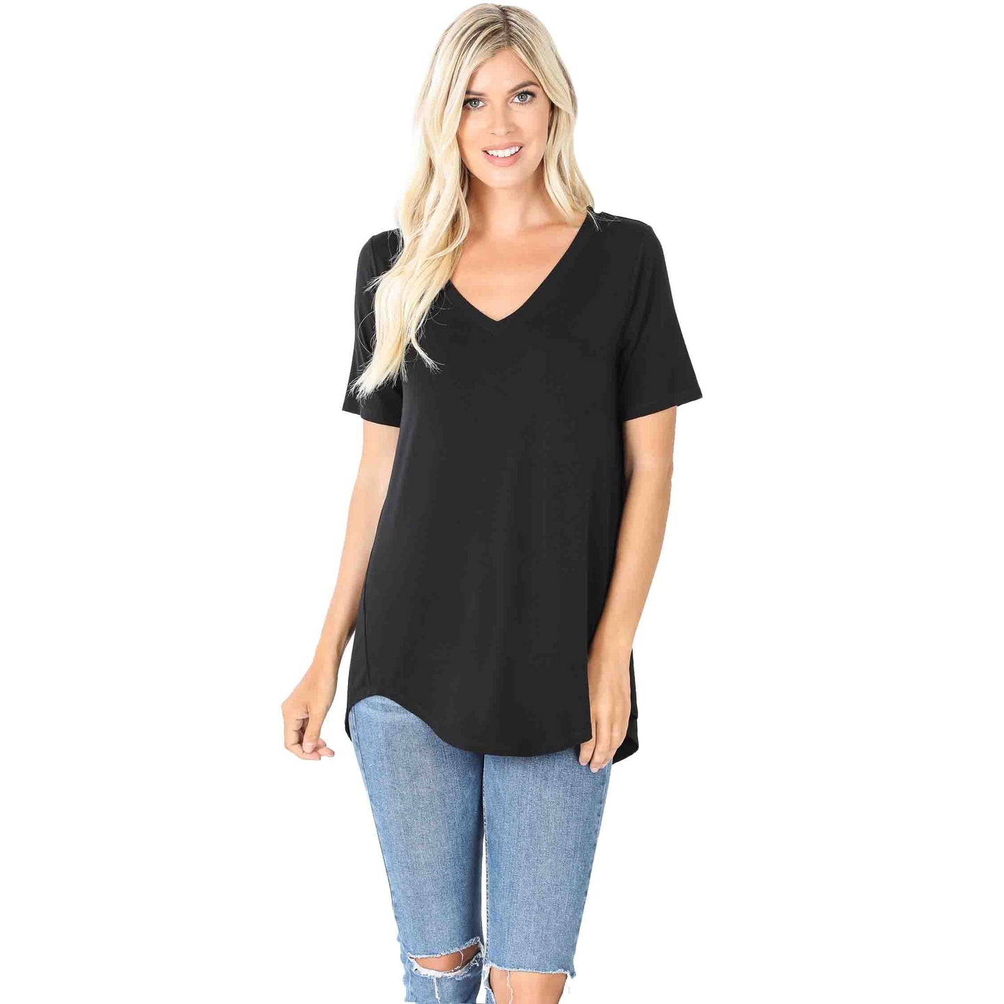 Luxe Short-Sleeve V-Neck Hi-Low Hem Top