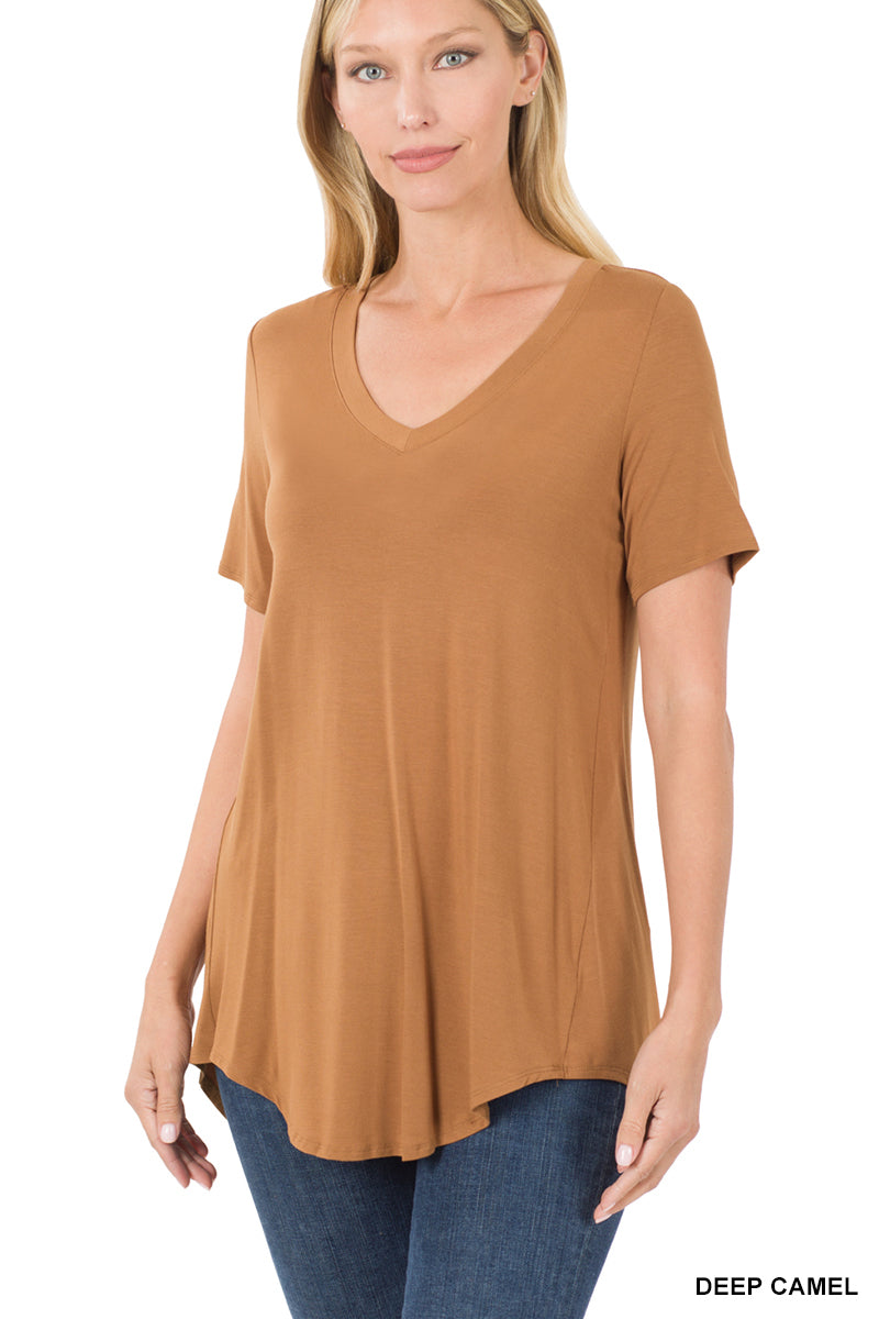 Luxe Short-Sleeve V-Neck Hi-Low Hem Top