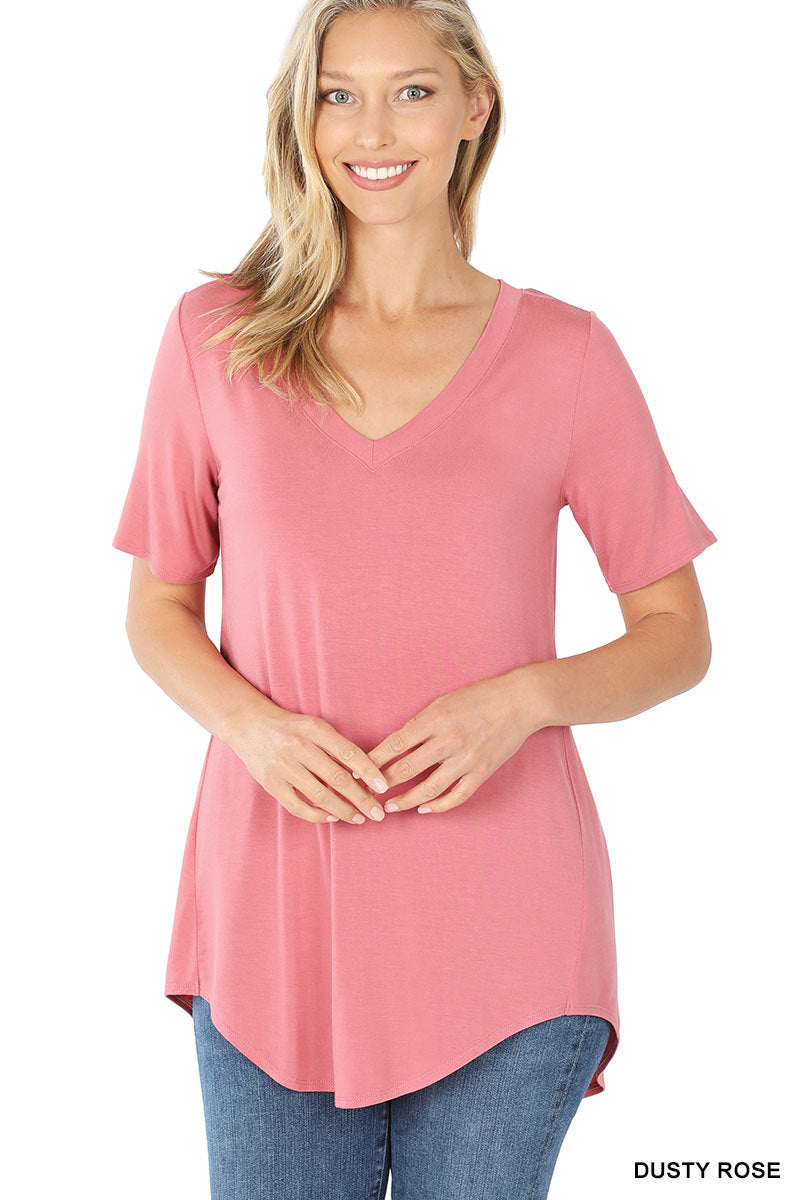 Luxe Short-Sleeve V-Neck Hi-Low Hem Top