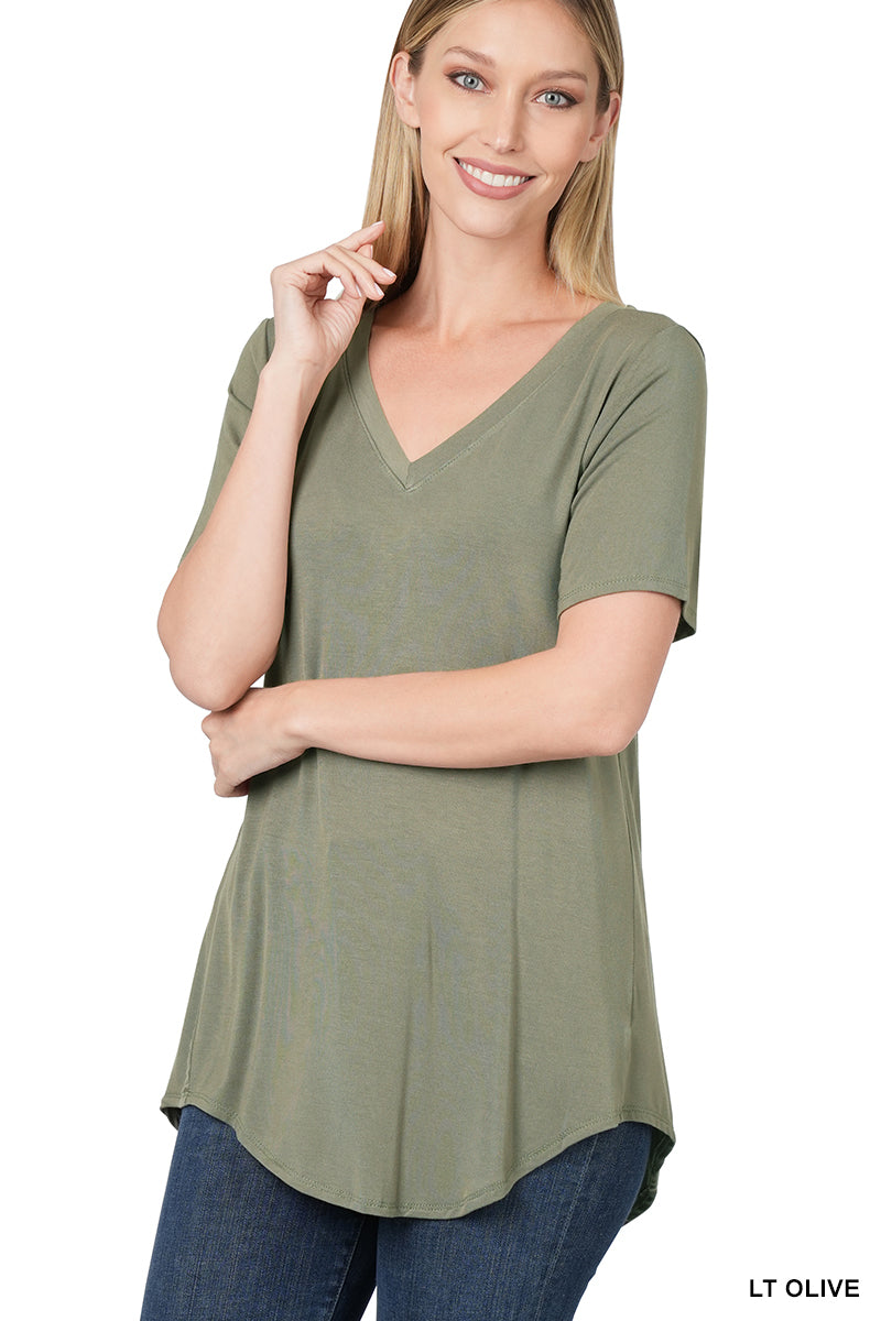 Luxe Short-Sleeve V-Neck Hi-Low Hem Top