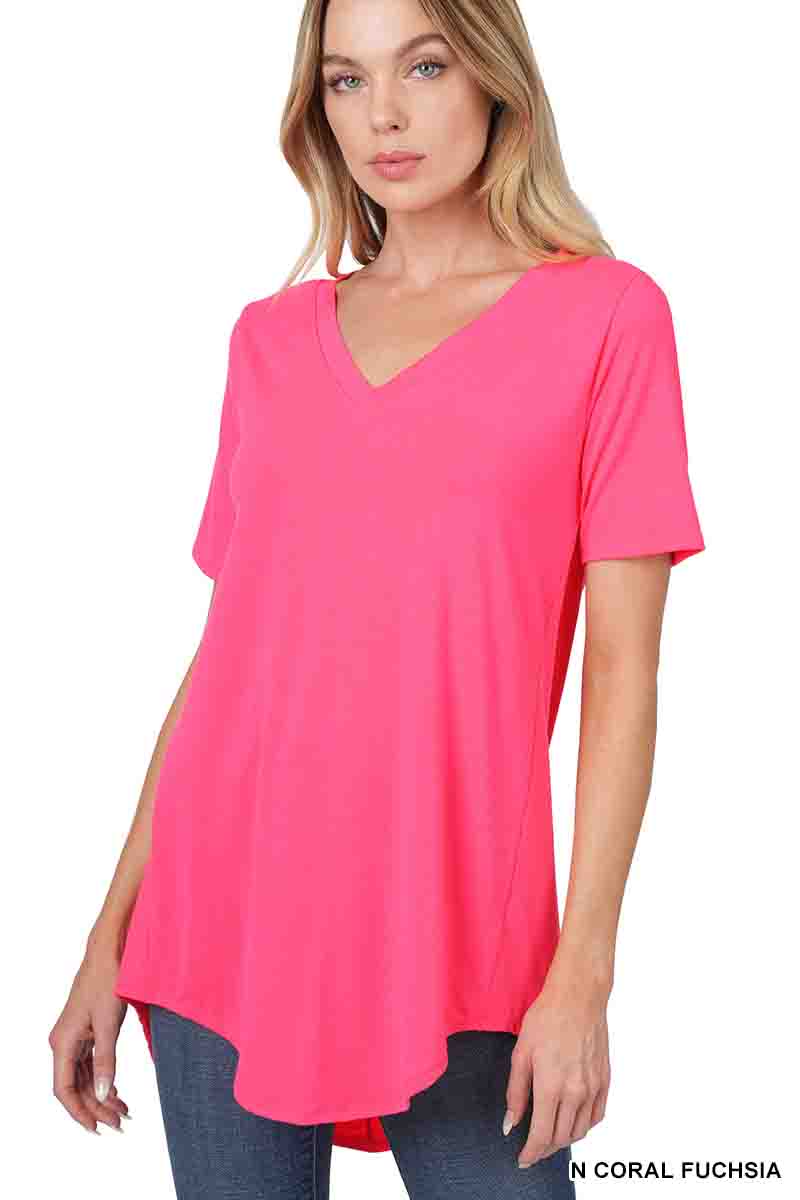 Luxe Short-Sleeve V-Neck Hi-Low Hem Top