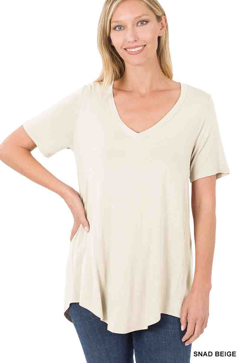 Luxe Short-Sleeve V-Neck Hi-Low Hem Top