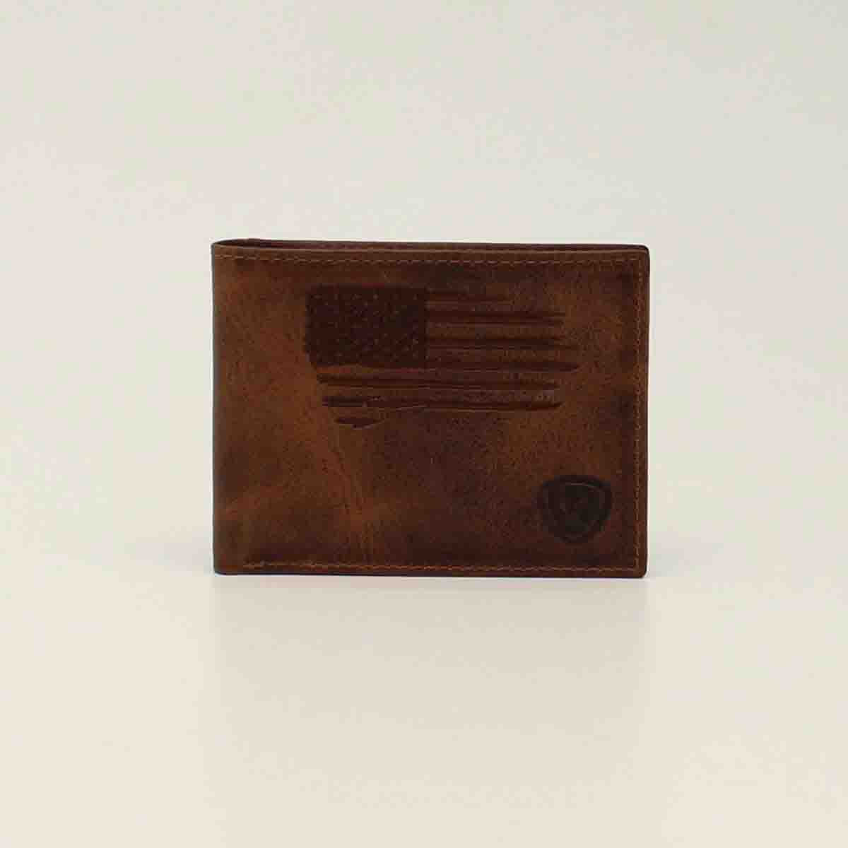 Ariat Men's Distressed Stitch USA Flag Shield Logo Bifold Wallet