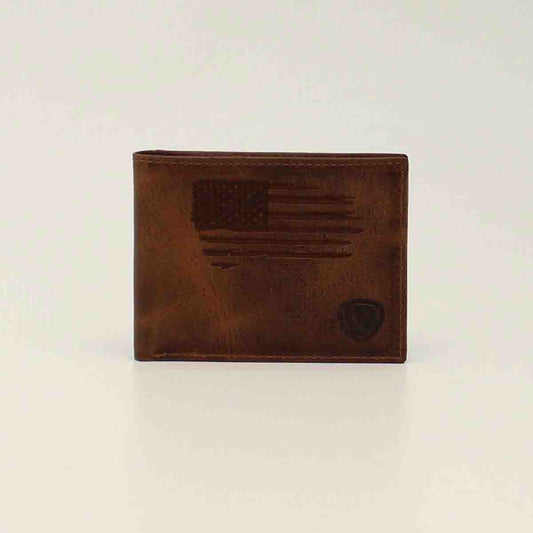 Ariat Men's Distressed Stitch USA Flag Shield Logo Bifold Wallet