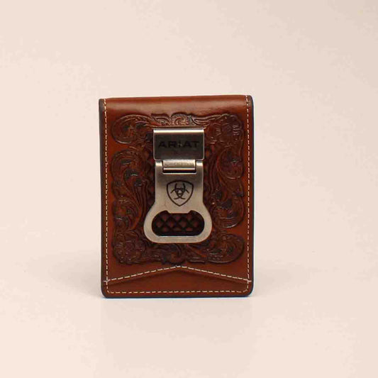 Ariat Men's Bifold Money Clip Basket Weave Floral Embossed Tan Wallet
