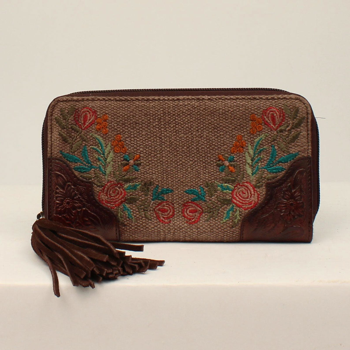 Clutch Wallet Canvas Flower Fringe in Brown by Ariat