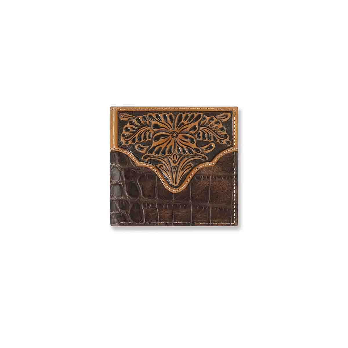 Ariat Men's Large Croco Floral Embossed Bifold Brown Wallet
