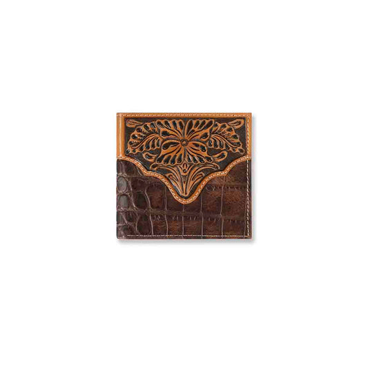Ariat Men's Large Croco Floral Embossed Bifold Brown Wallet