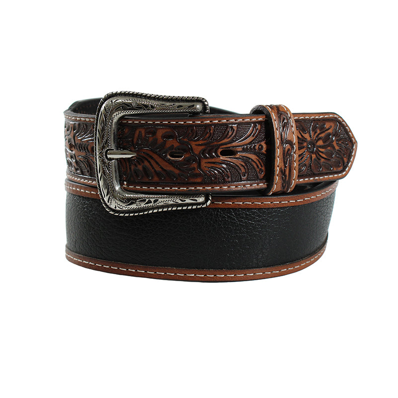 Men's Western Leather Belt Embossed Tabs in Black/Brown by Ariat