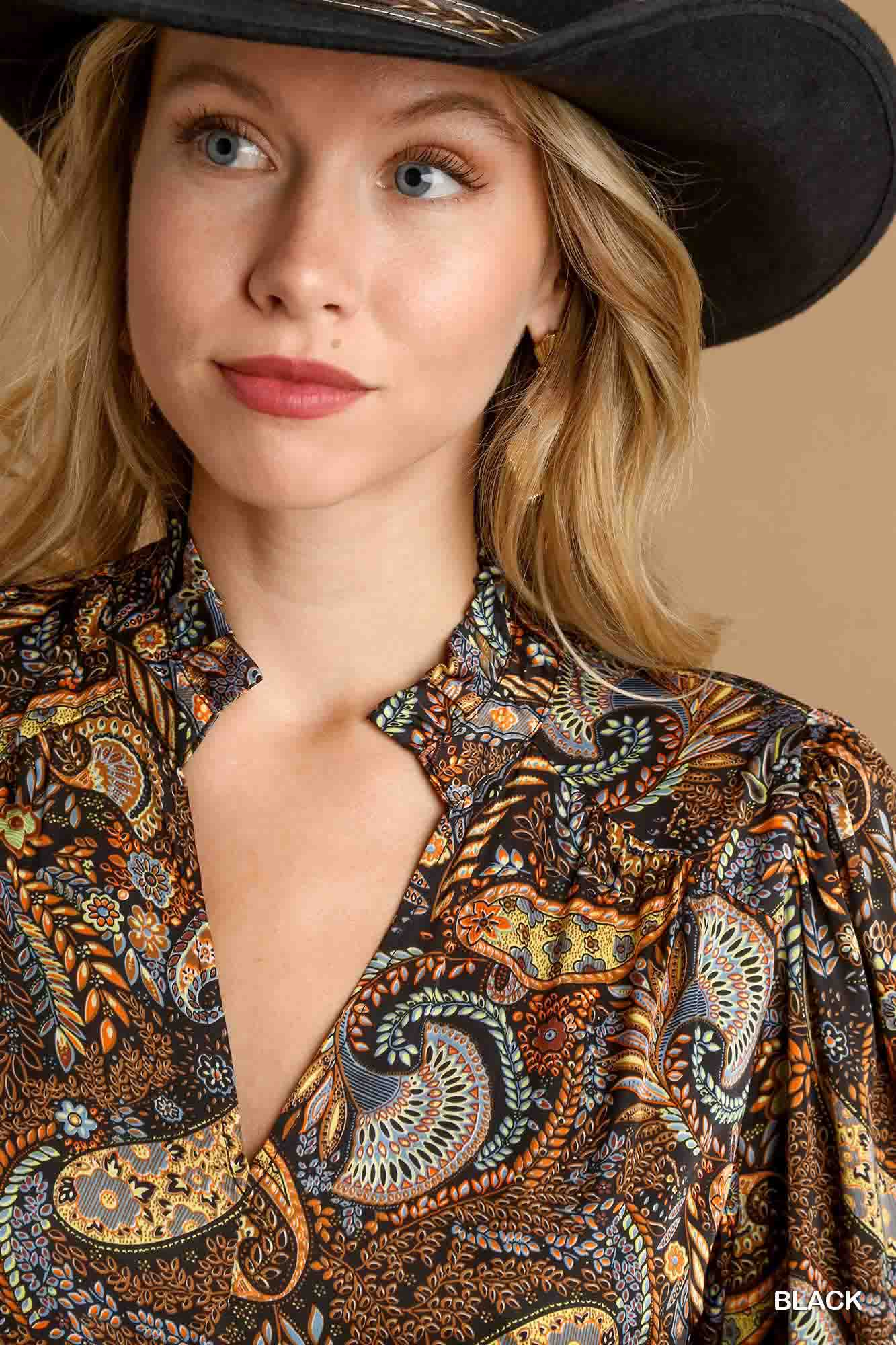 Satin Paisley Dress with 3/4 Puff Sleeve
