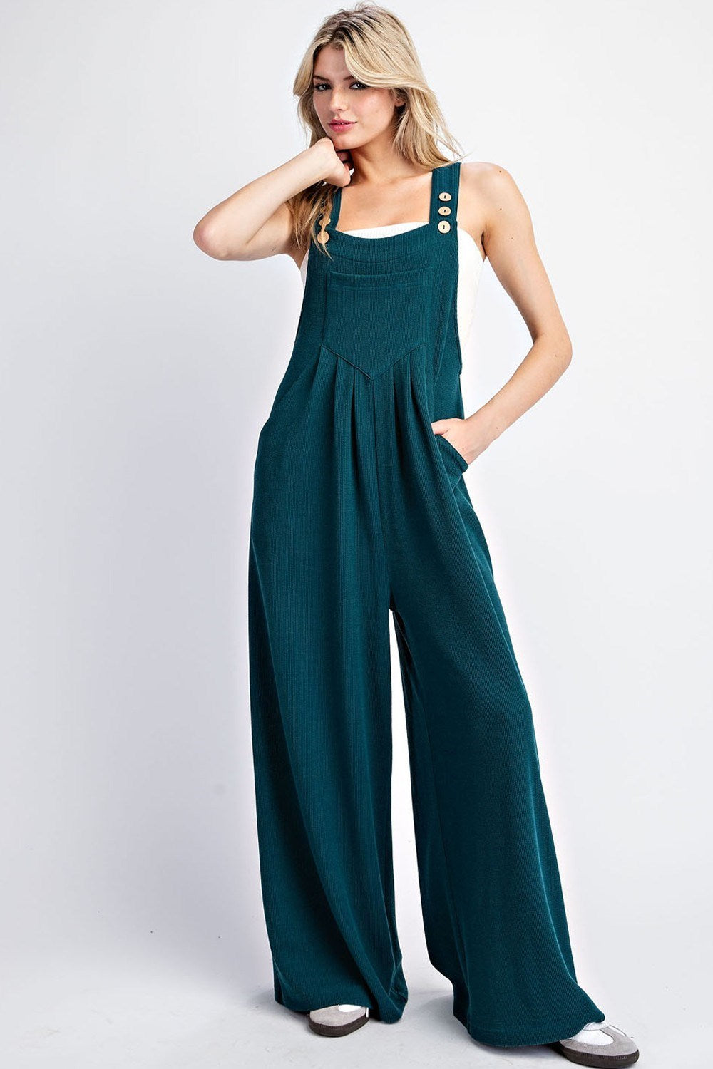 Solid Sleeveless Wide Leg Jumpsuit in Hunter Green by ee:some