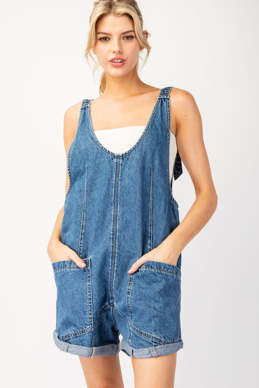 Mineral Washed Denim Sleeveless Romper by ee:some