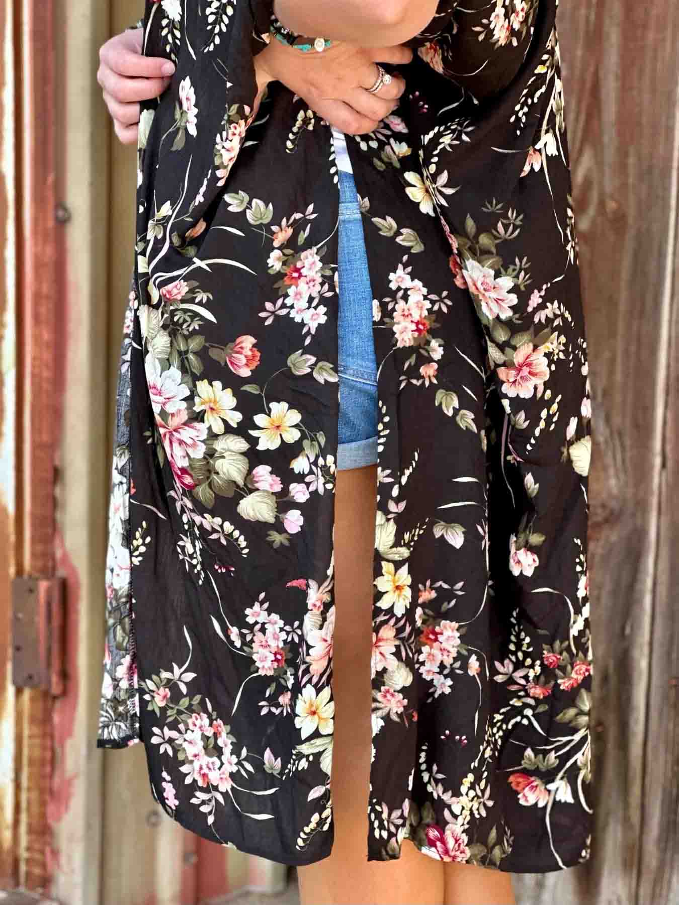 Ceci Black Floral Short-Sleeve Kimono