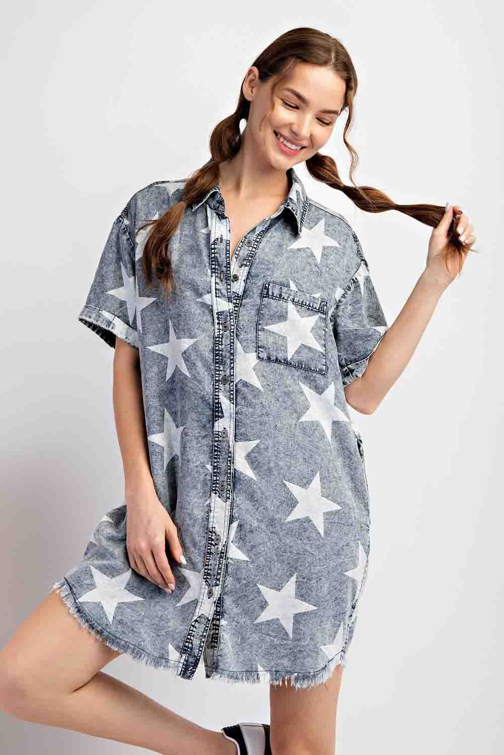 dry goods denim dress Collabo Tie Front Ruffle Denim Dress at Dry Goods