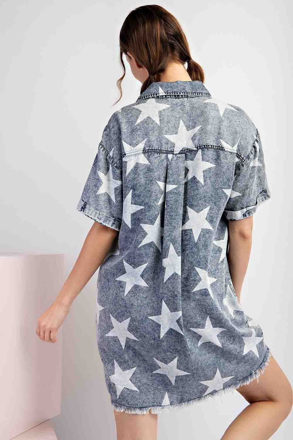 Mineral Washed Denim Star Printed Mini Dress by ee:some