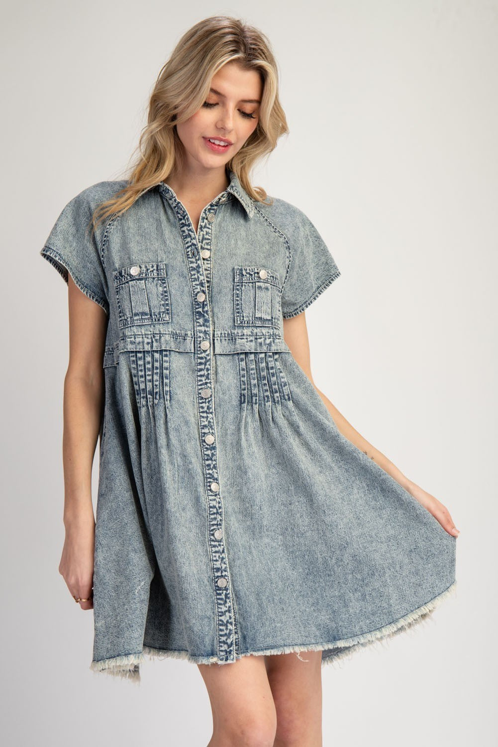 Mineral Washed Button Down Mini Dress by ee:some