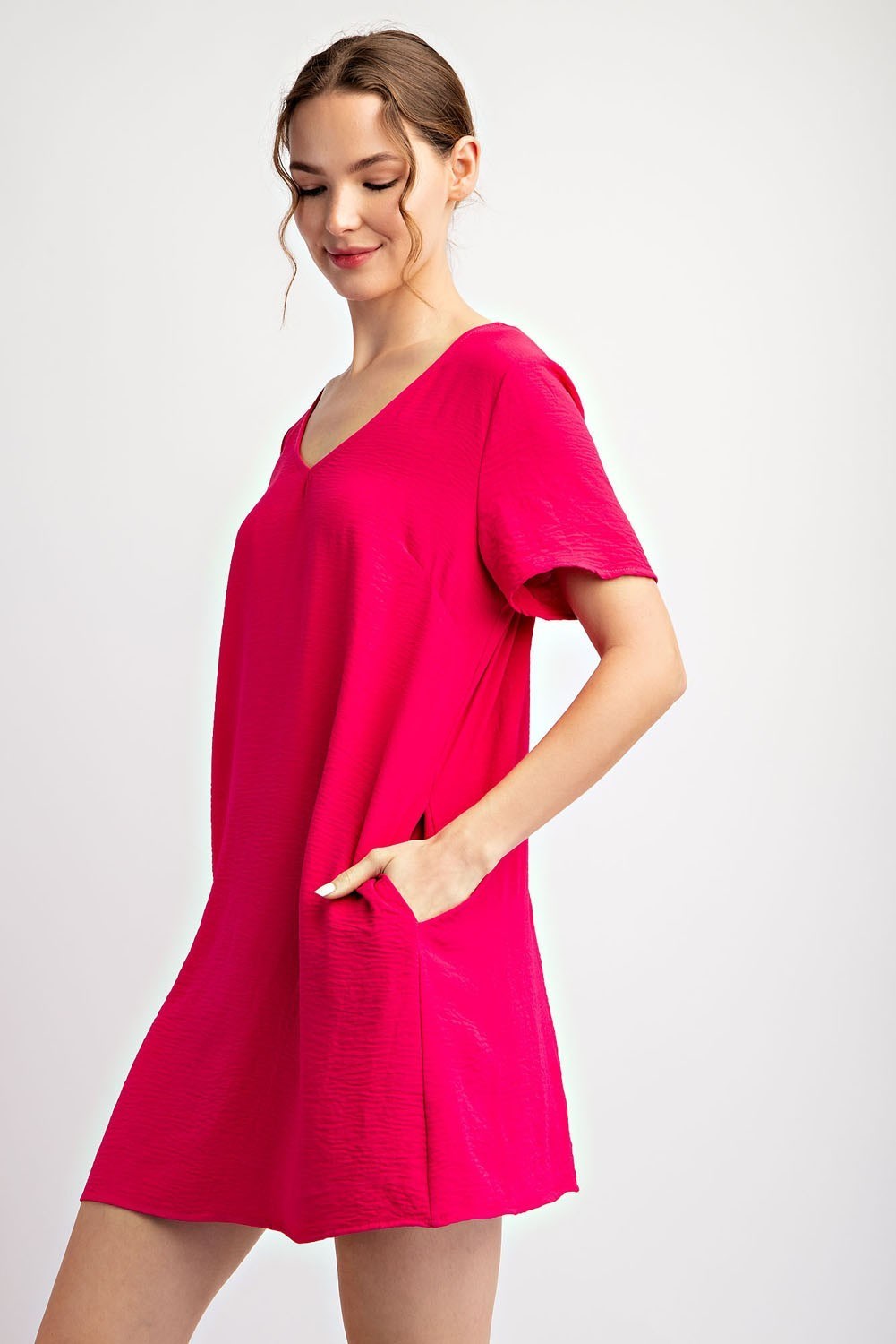 Solid Short Sleeve V Neck Mini Dress by ee:some