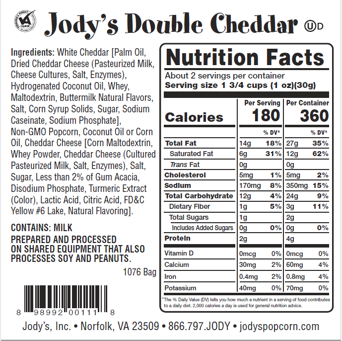 Jody's Gourmet Popcorn Double Cheddar Flavor 2.2oz Bag