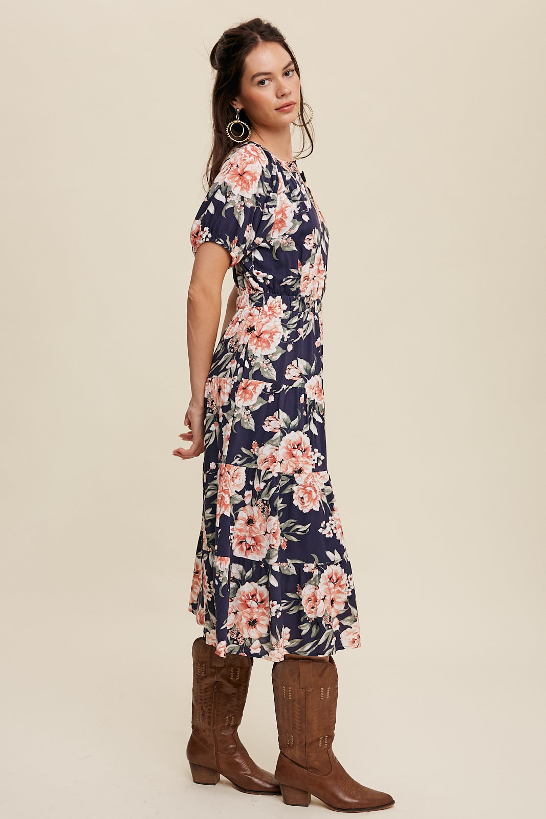 Floral V-Neck Cinched Waist Maxi Dress in Navy Multi by Listicle
