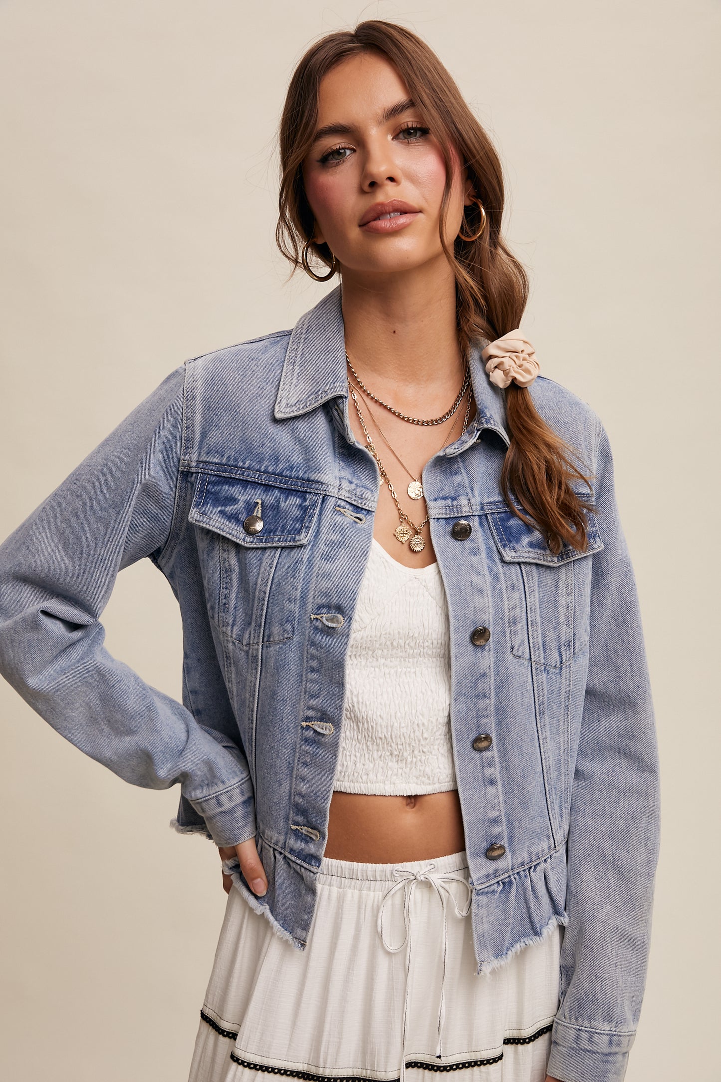 Ruffled Hem Denim Jacket by Listicle