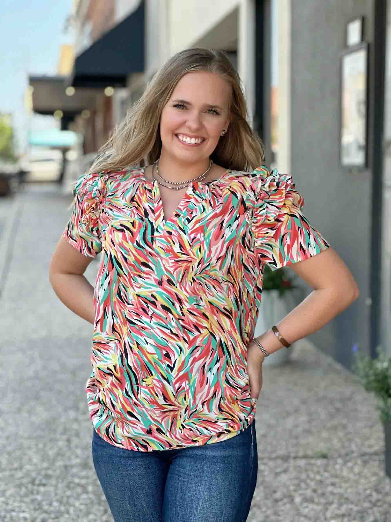 Tonya V-Neck Printed Top by Washco Apparel