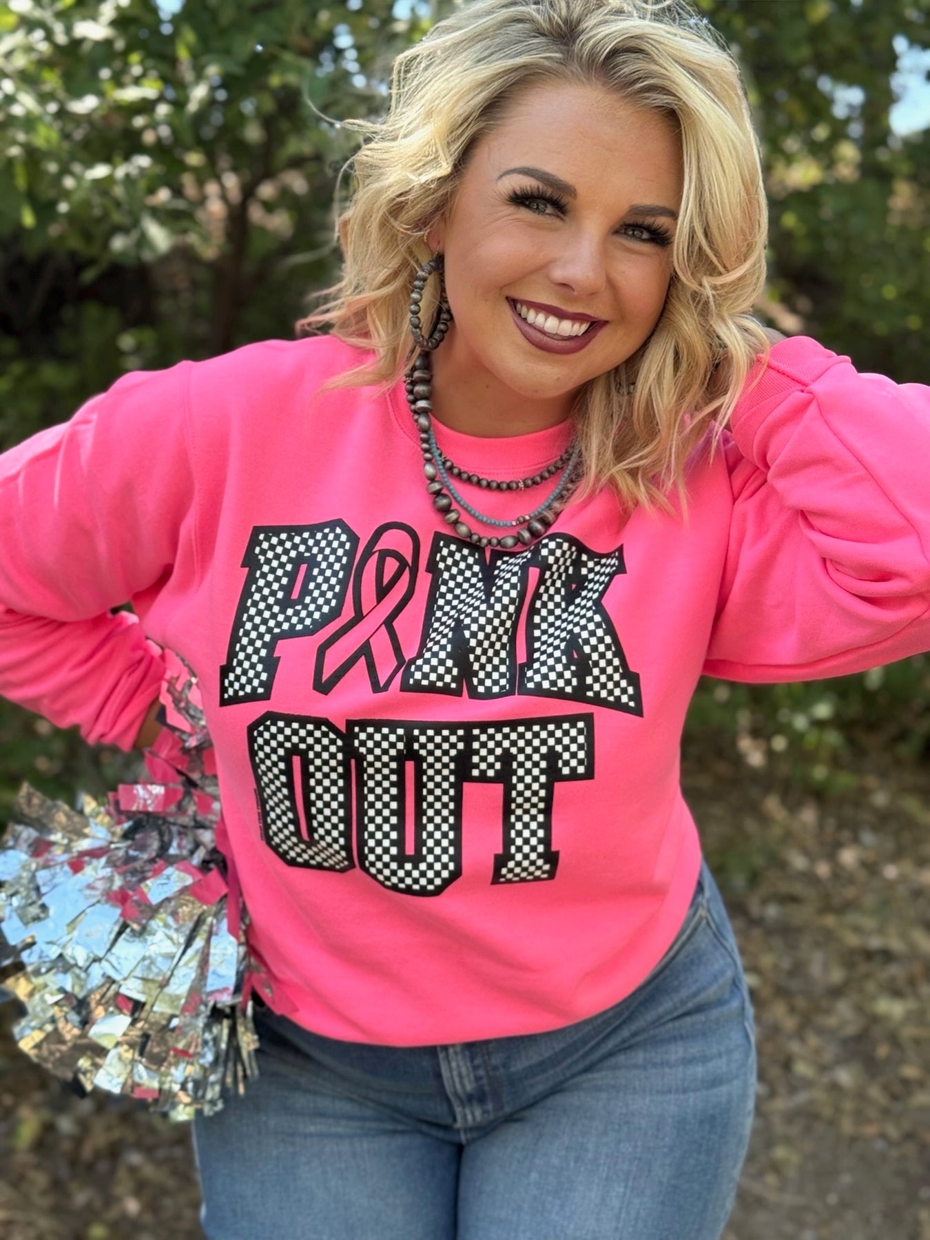 Checkered Pink Out T-Shirt in Black and White on Pink by Texas True Threads