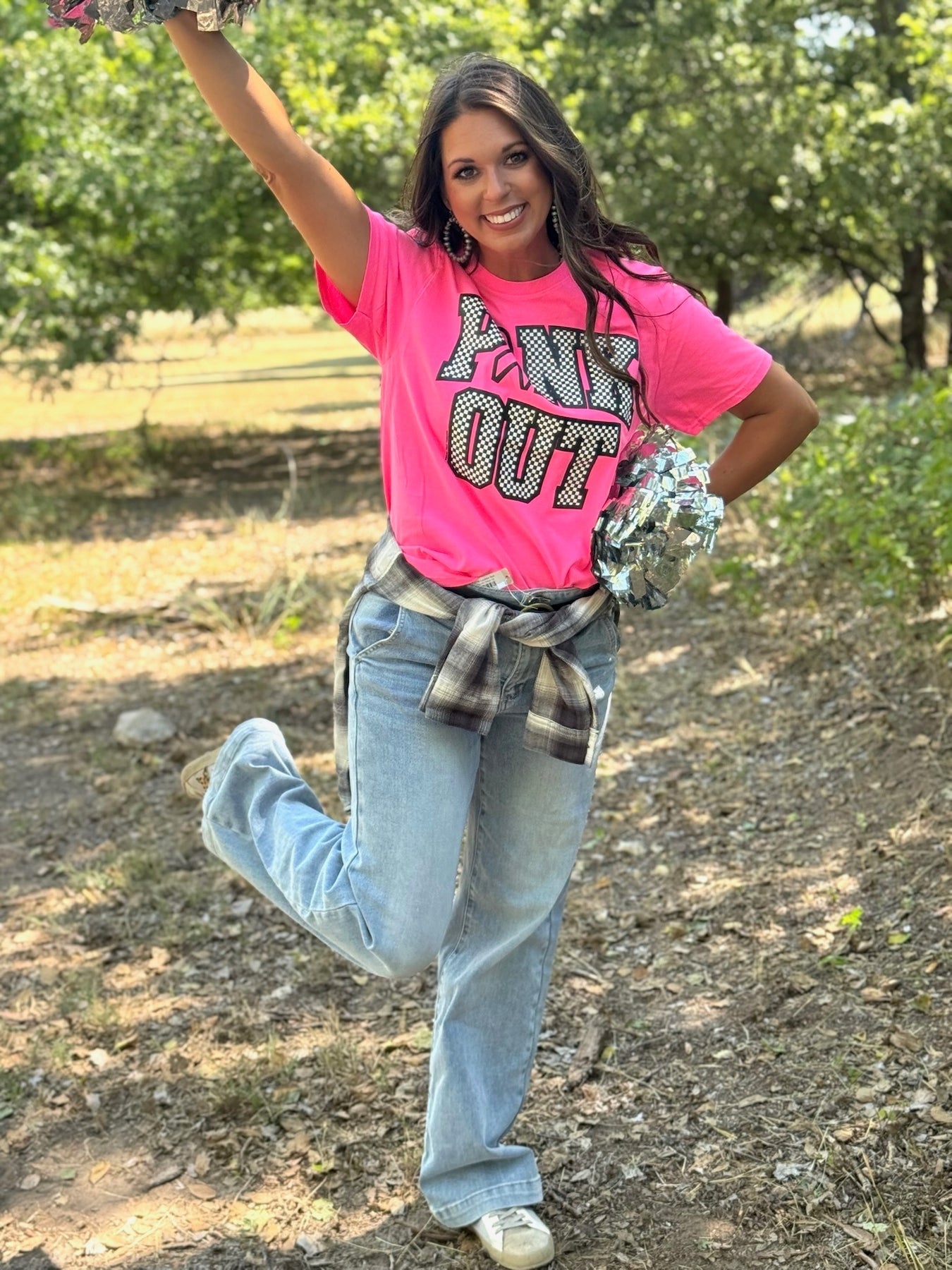 Checkered Pink Out T-Shirt in Black and White on Pink by Texas True Threads