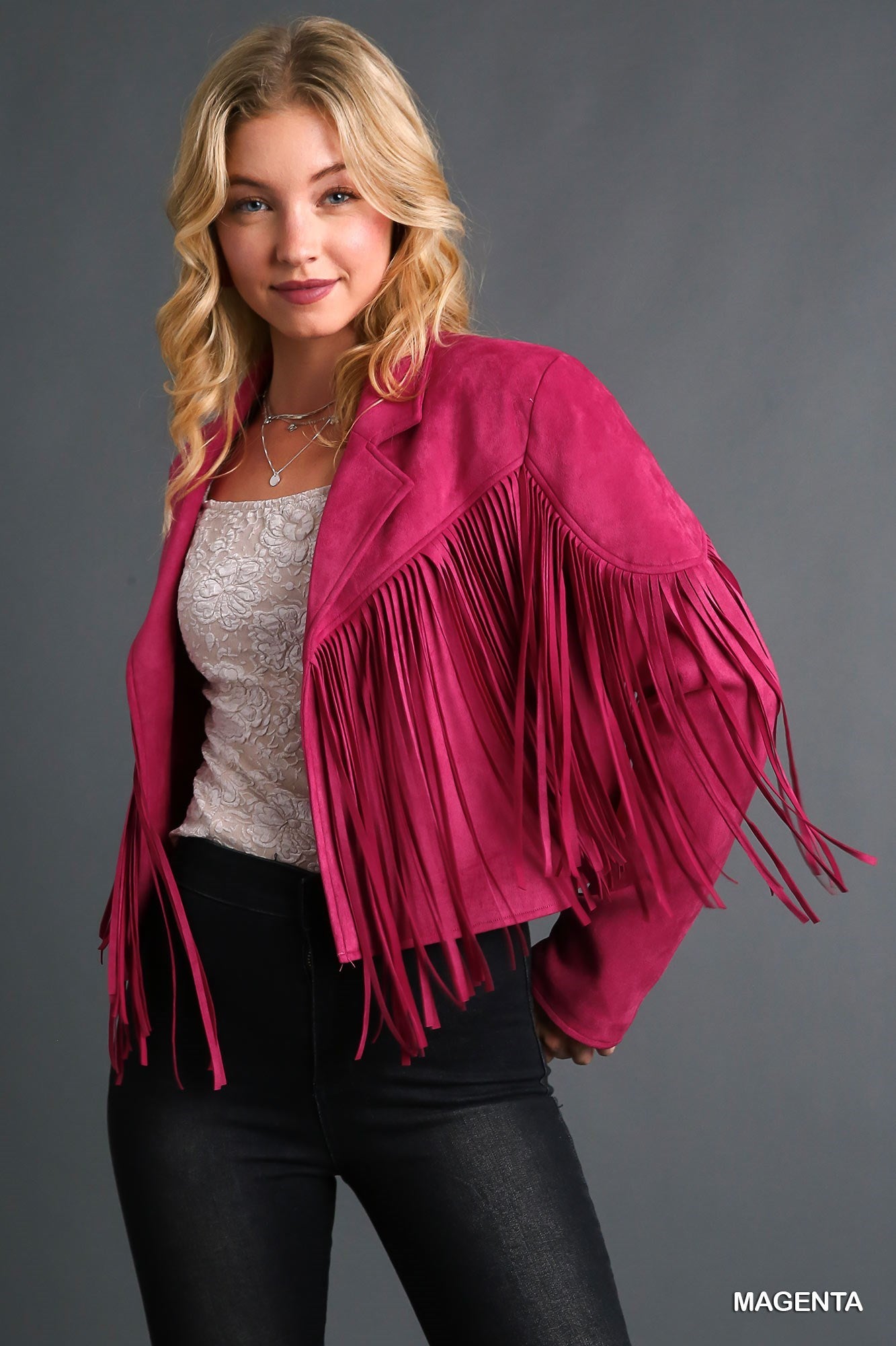Faux Suede Open Front Jacket with Fringe by Umgee