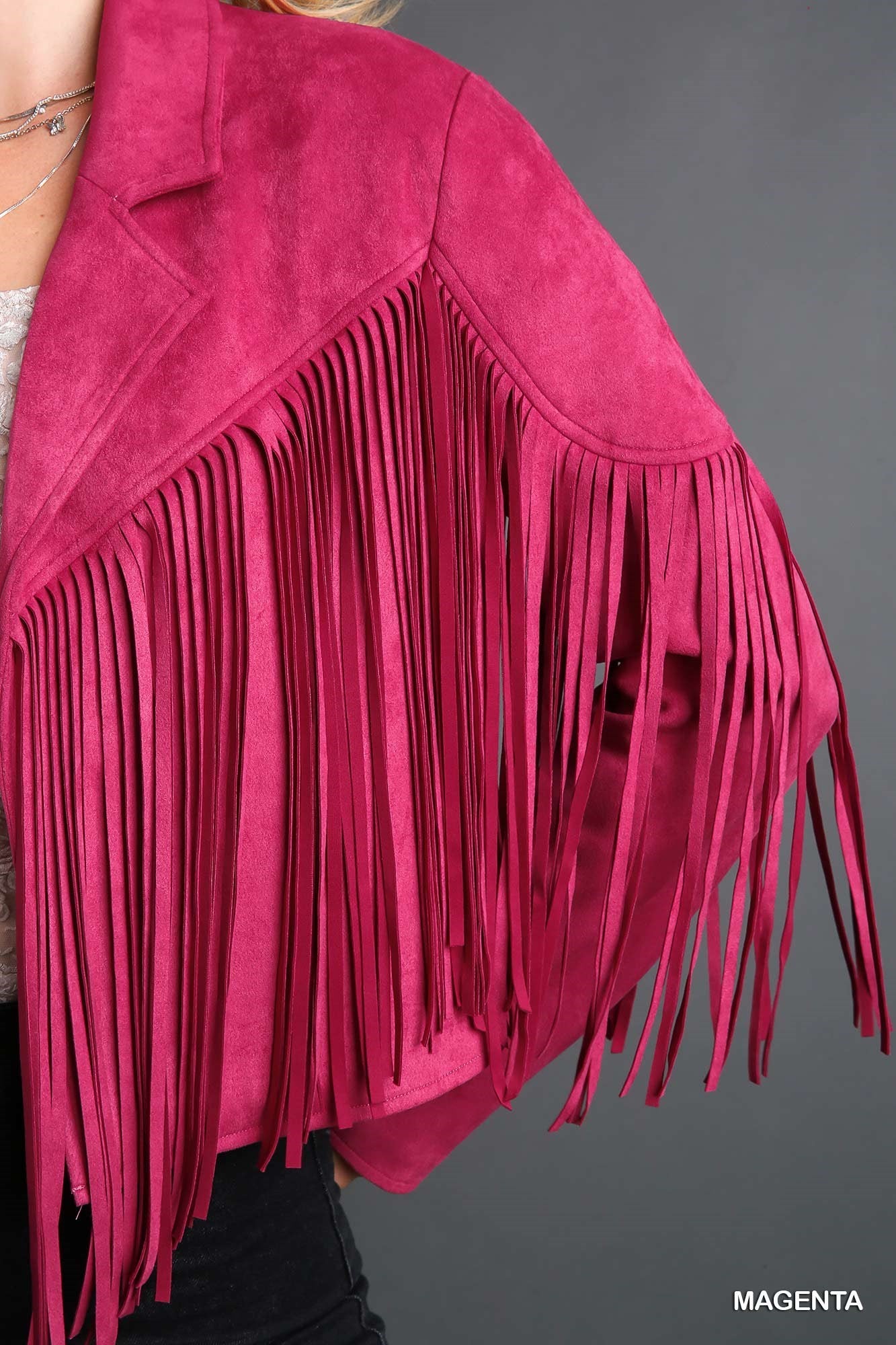 Faux Suede Open Front Jacket with Fringe by Umgee