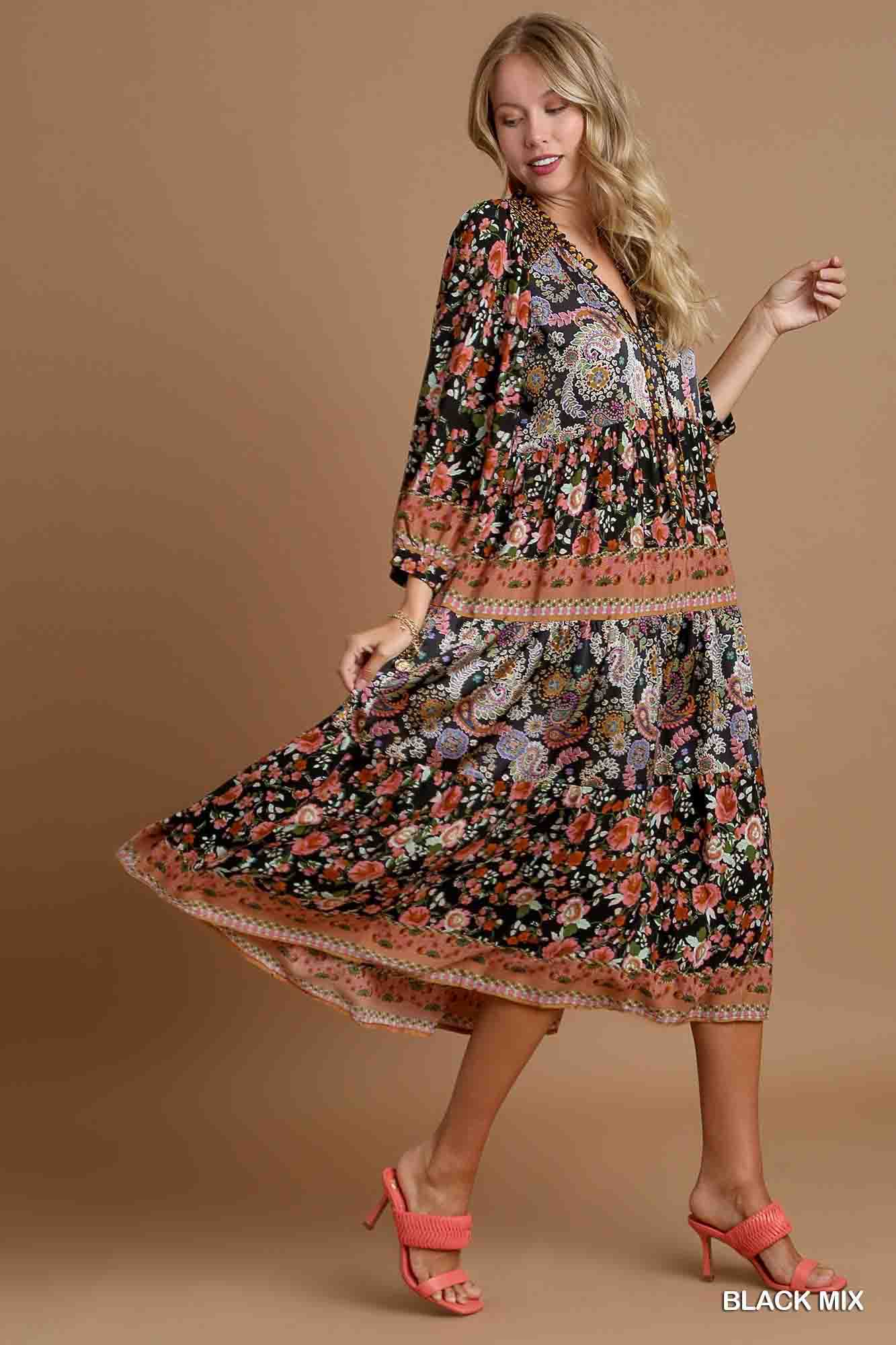 Floral Print Midi Dress in Black Mix by Umgee