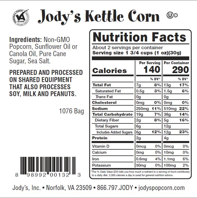 Jody's Kettle Corn 2 oz Bag