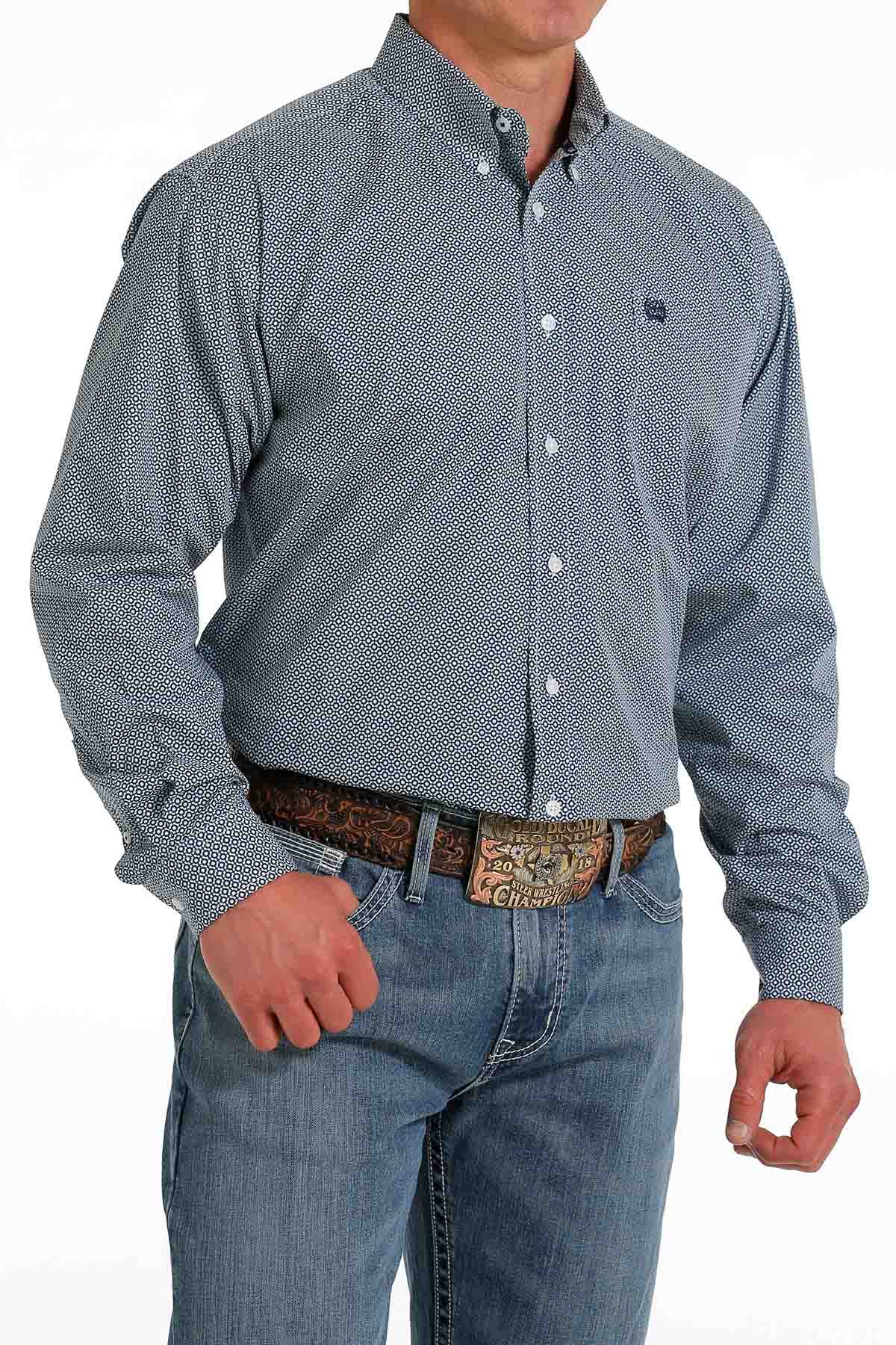 Cinch Men's Geometric Print Button Down Western Shirt Light Blue
