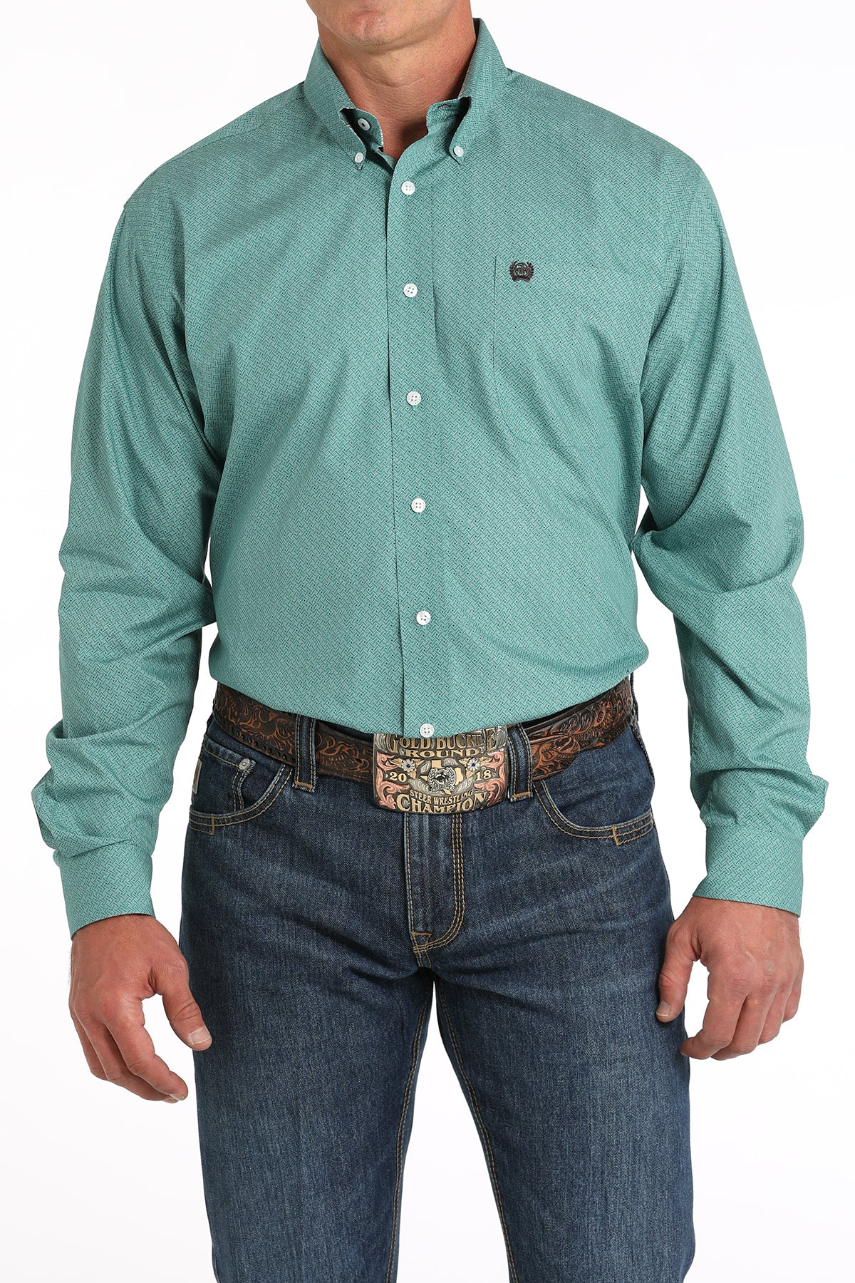 Men's Long Sleeve Print Dress Shirt in Green by Cinch