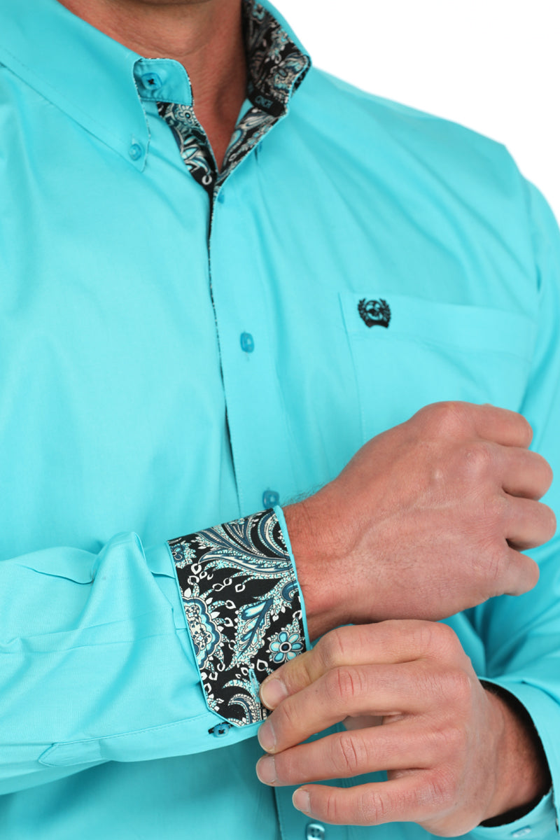 Mens Classic Fit Long Sleeve Solid Button Down Shirt in Turquoise by Cinch