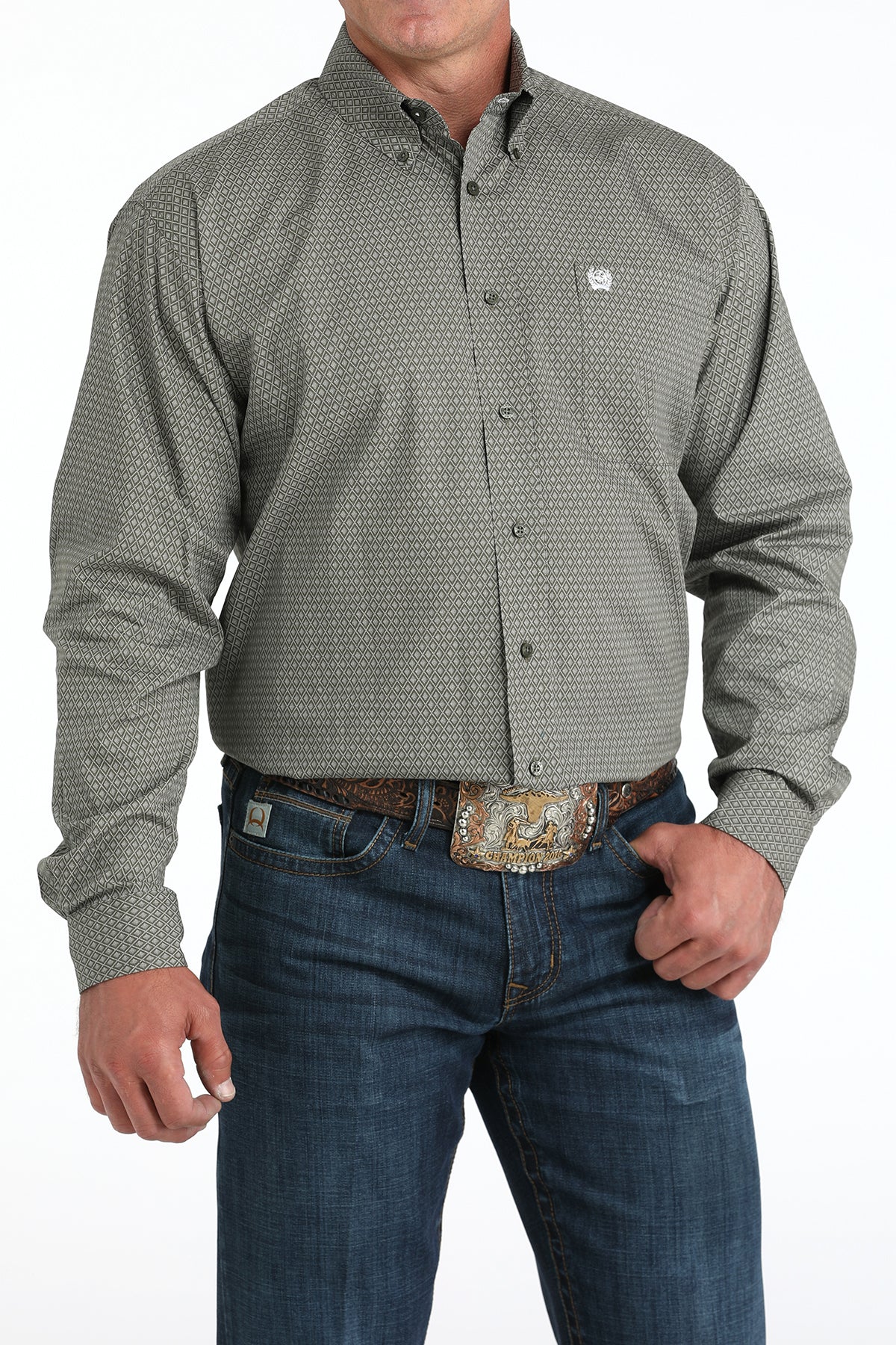 Mens Olive Geo Print Long Sleeve Button Down Shirt by Cinch
