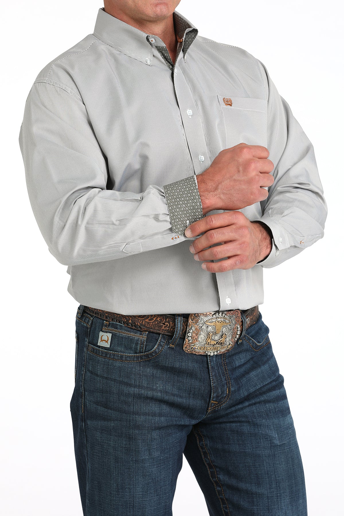 Mens Olive Striped Long Sleeve Button Down by Cinch