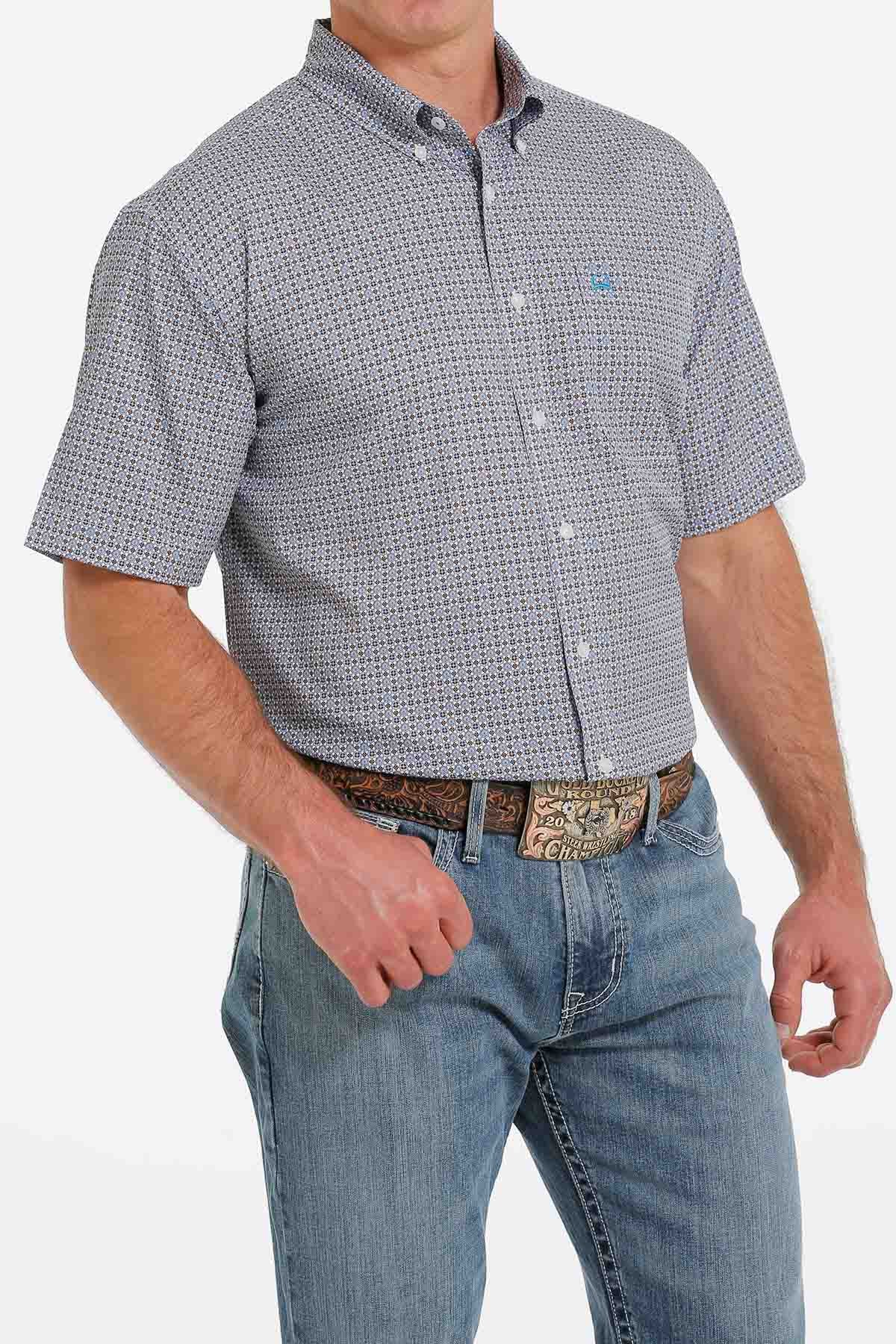 Men's Cinch Arenaflex White & Blue Geometric Print SSL BD Shirt