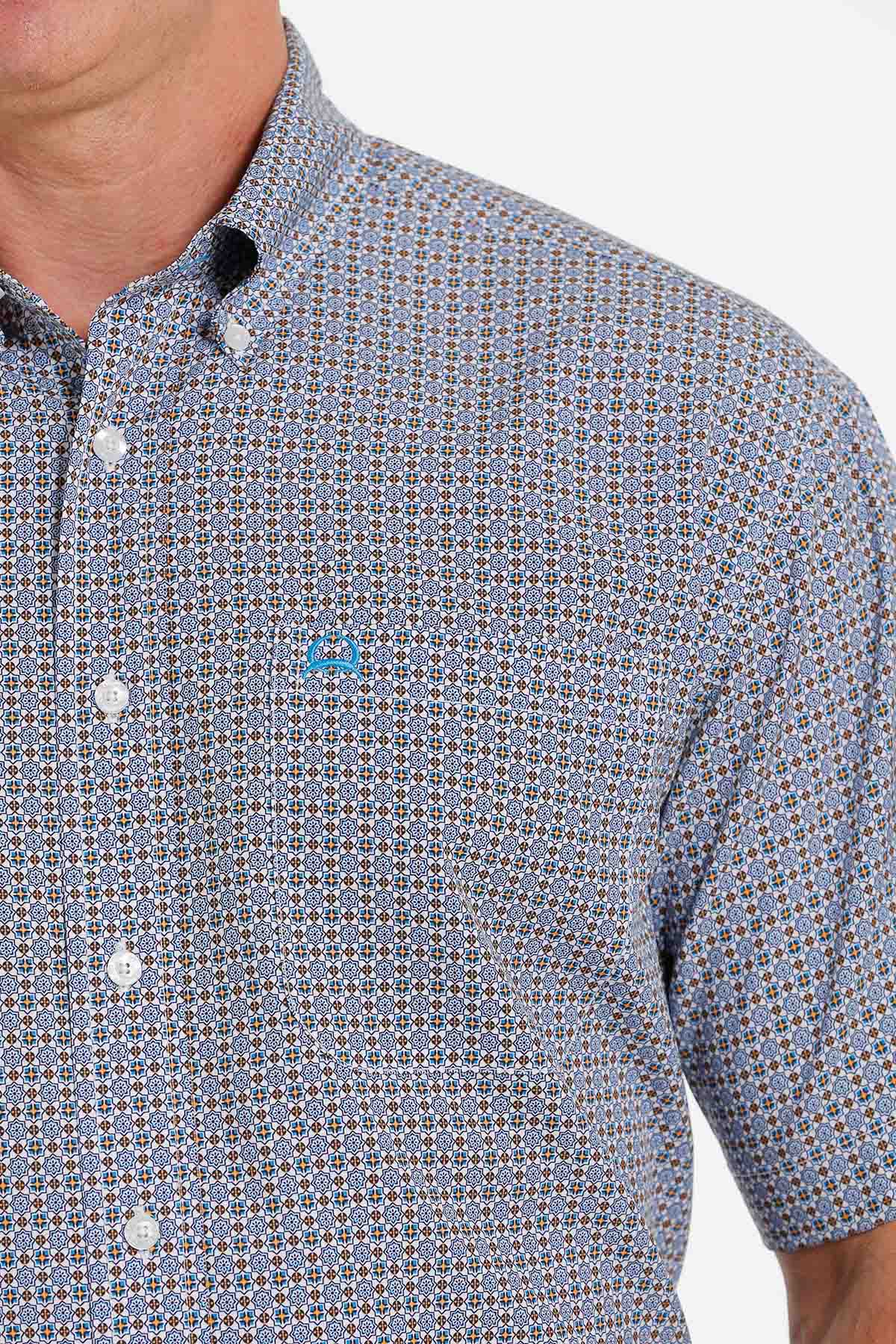Men's Cinch Arenaflex White & Blue Geometric Print SSL BD Shirt