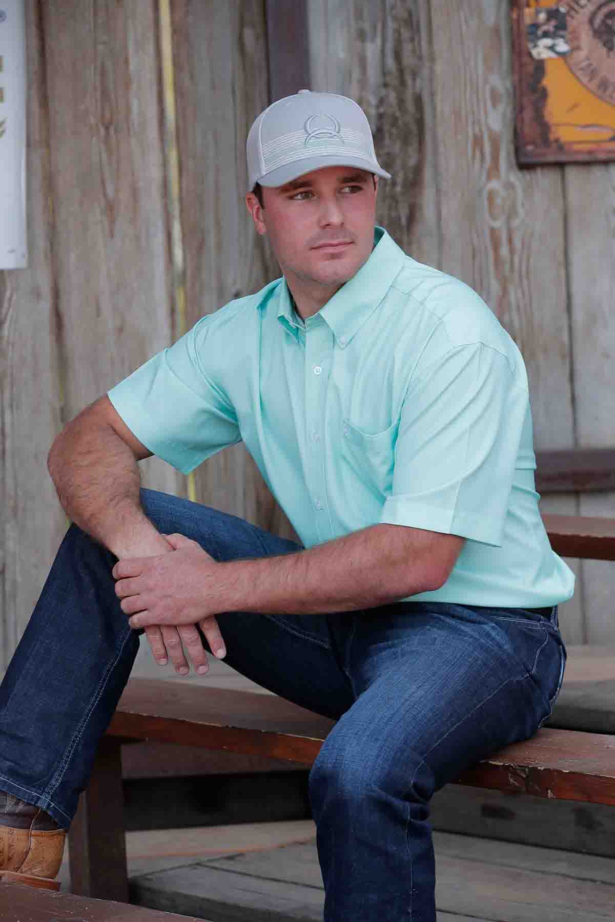 Mens Short Sleeve Arena Flex Printed Button Down in Green/White by Cinch