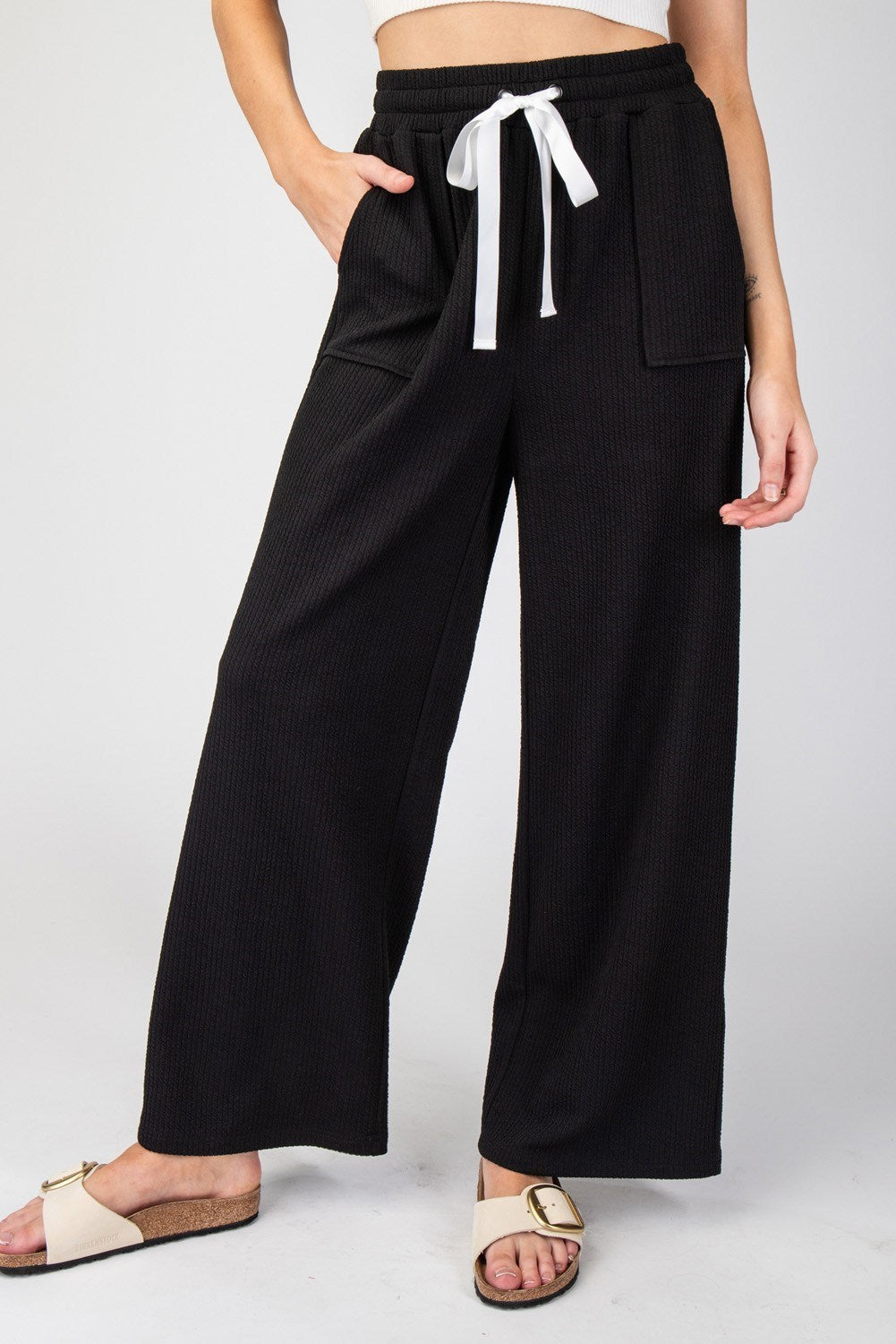Textured Ribbon Straight Leg Pants in Black by ee:some