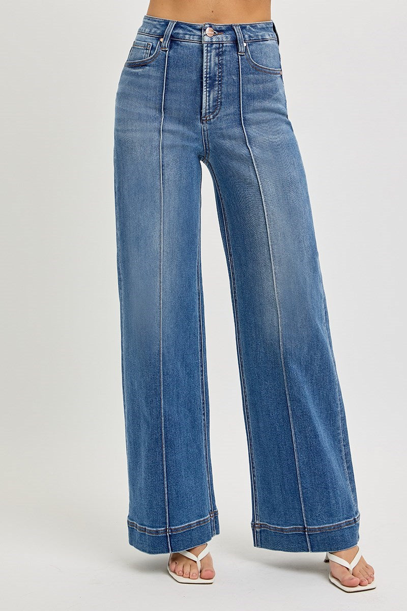 Tummy Control High Rise Front Pintuck Wide Leg Jeans by Risen Jeans