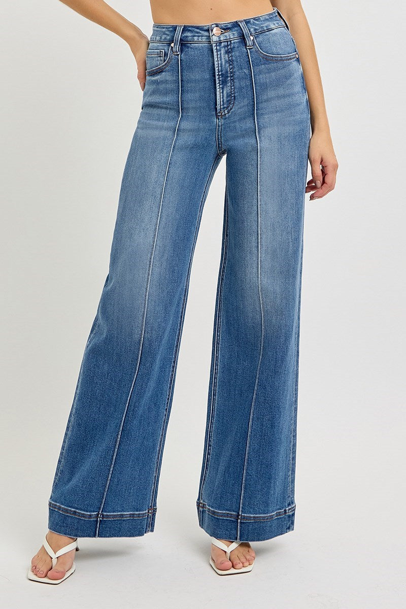 Tummy Control High Rise Front Pintuck Wide Leg Jeans by Risen Jeans