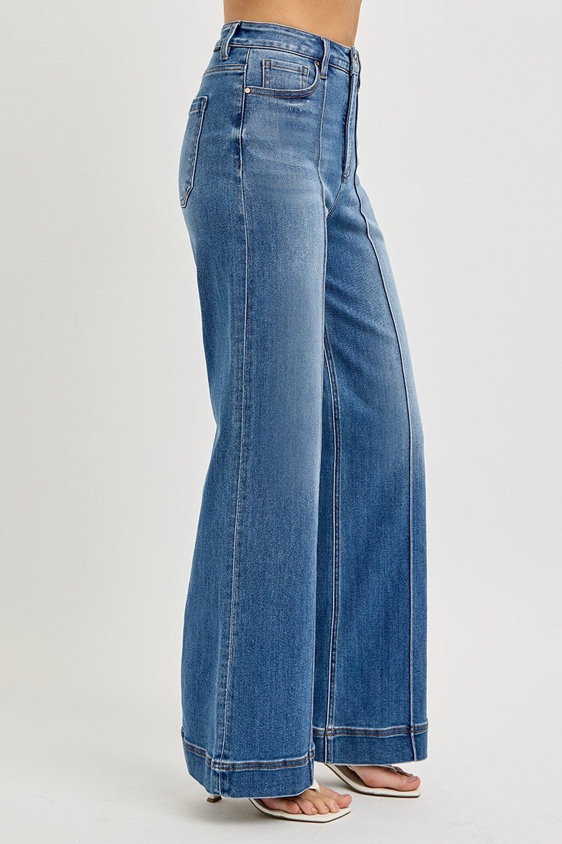 Tummy Control High Rise Front Pintuck Wide Leg Jeans by Risen Jeans