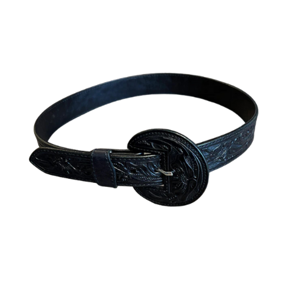 Floral Stamped Western Belt with Round Buckle by Que Chula