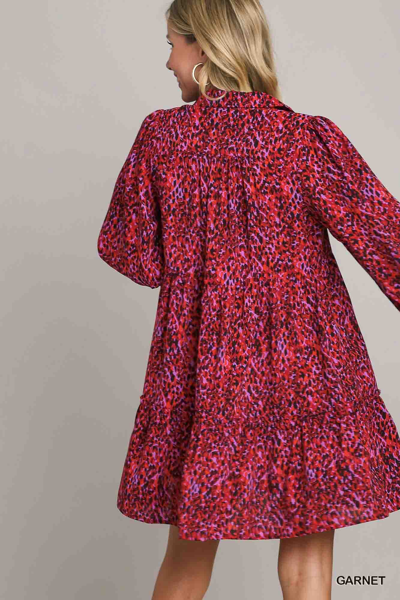 Mixed Print LSL Dress with Ruffle Trim in Garnet by Umgee
