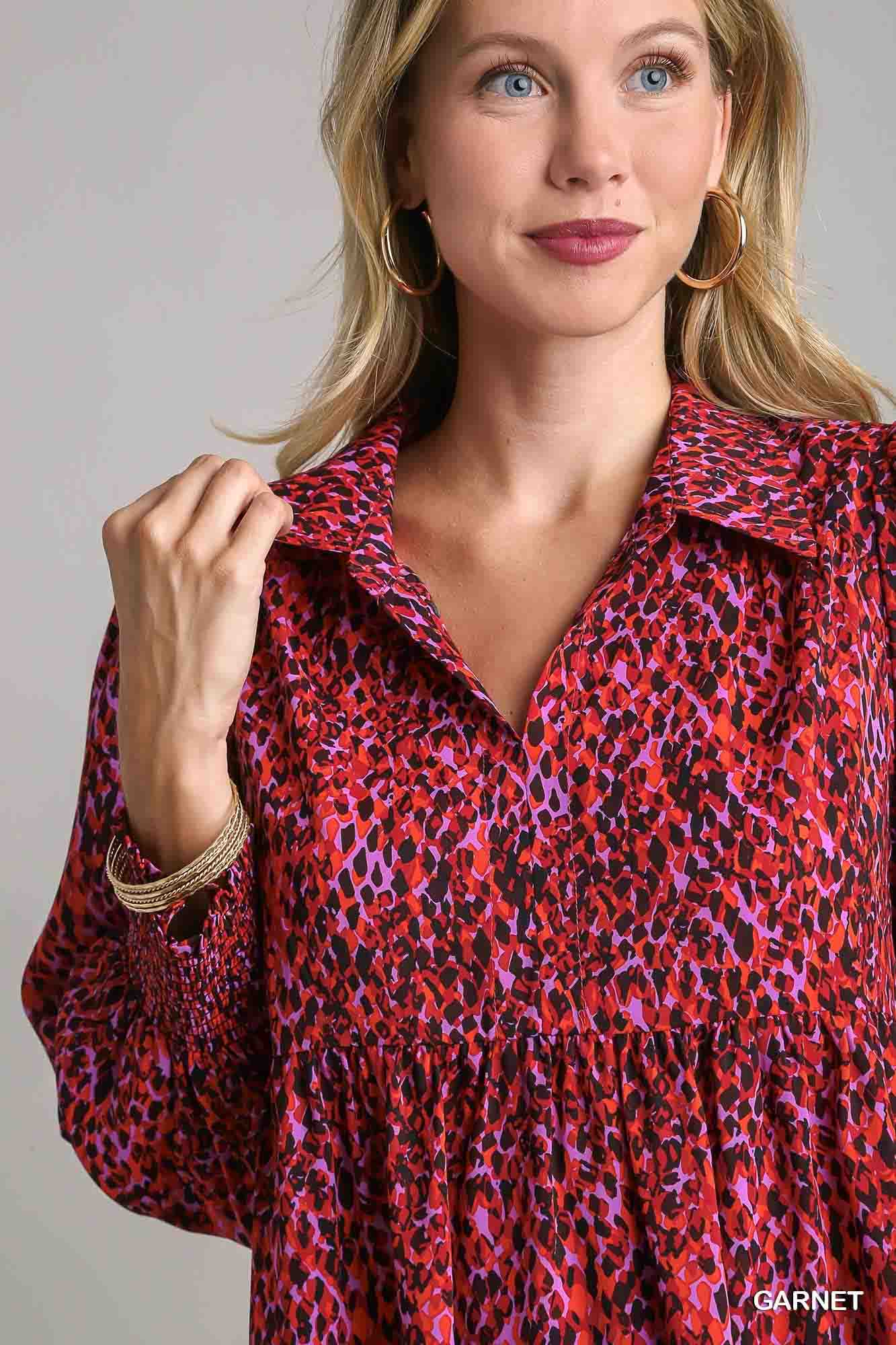Mixed Print LSL Dress with Ruffle Trim in Garnet by Umgee