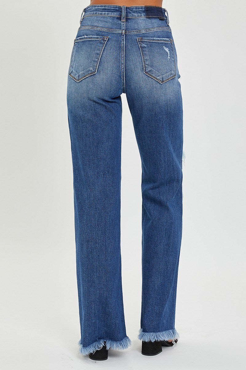 High Rise Knee Distressed Wide Straight Jeans in Dark Blue by Risen Jeans