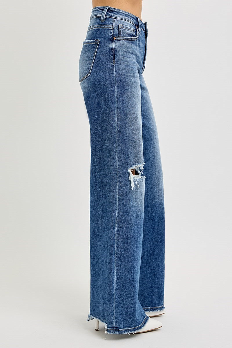 Tummy Control High Rise Wide Leg Jeans in Dark Blue by Risen