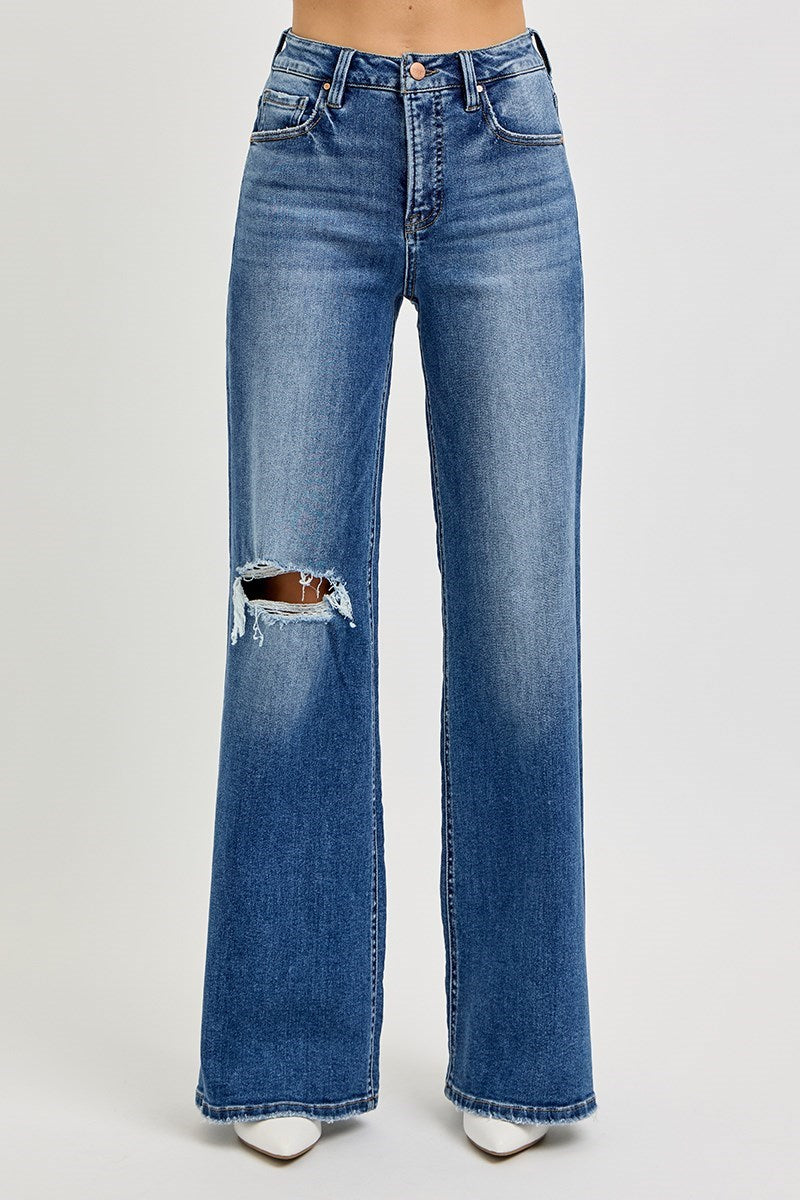 Tummy Control High Rise Wide Leg Jeans in Dark Blue by Risen